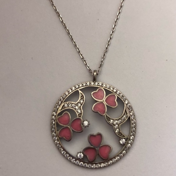 Jewelry - 925 Silver clover necklace handmade pink enamel cz